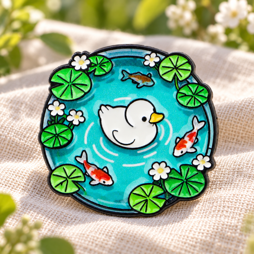 Cute Duck in a Pond Pin enamel pin on linen
