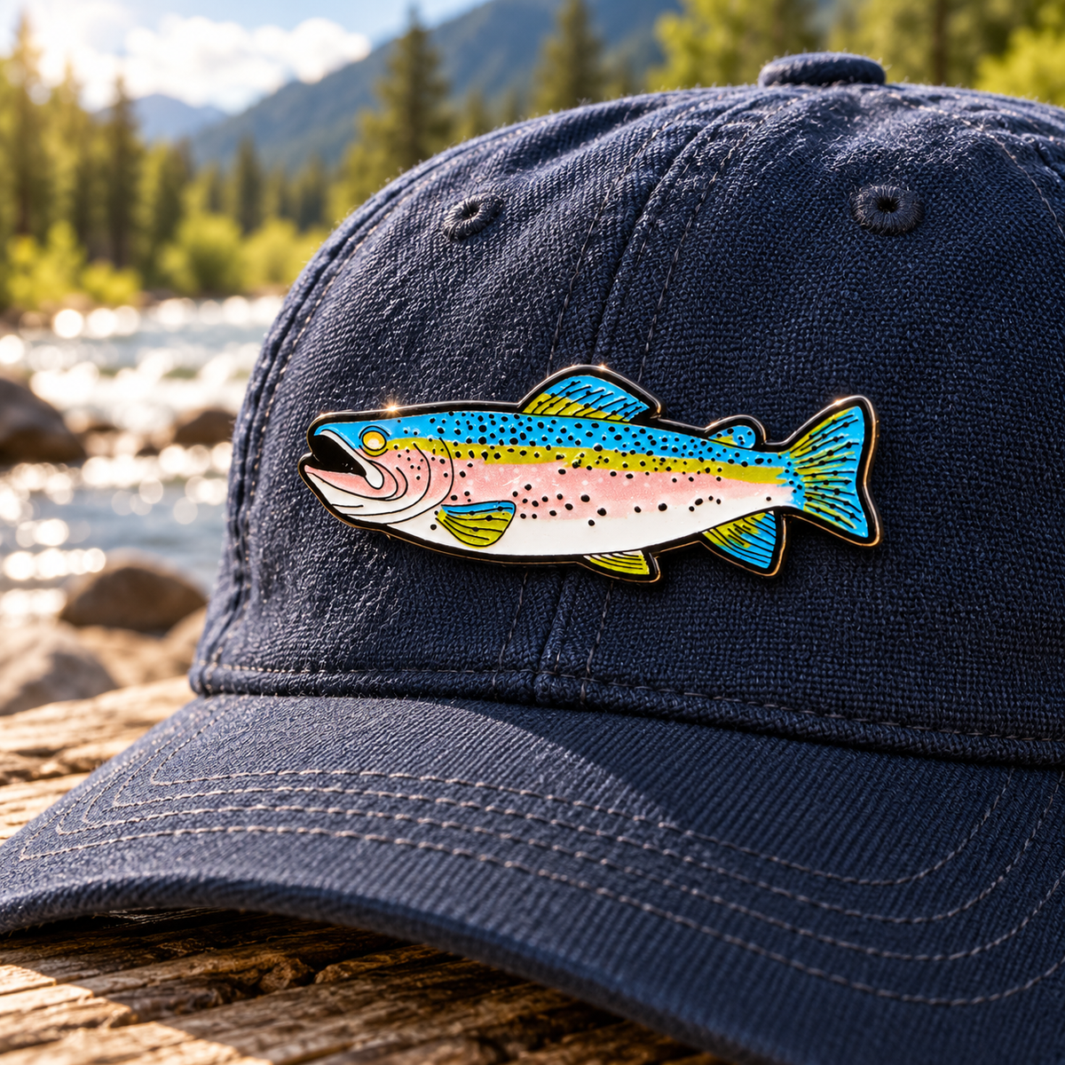 Rainbow trout enamel pin on navy cap by river