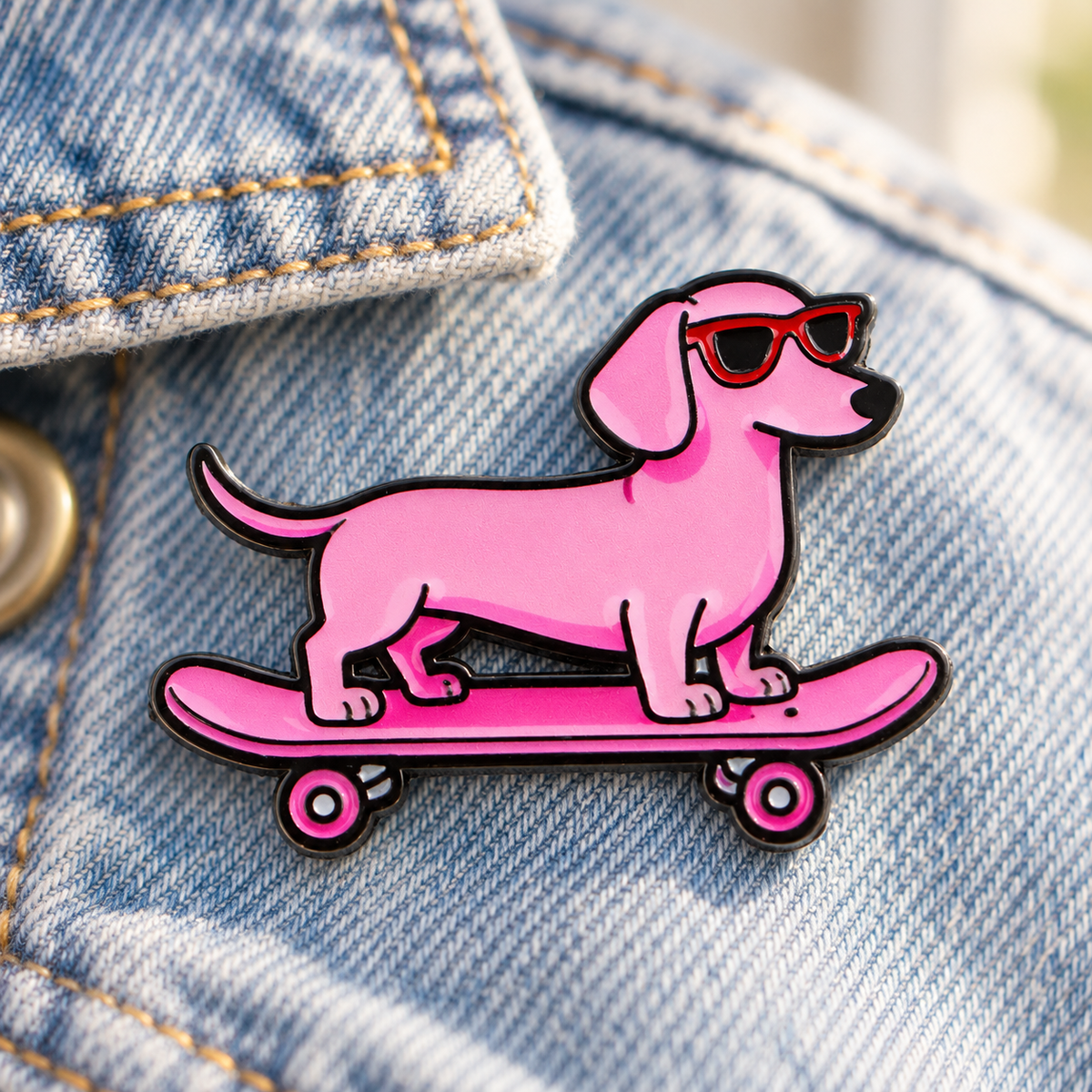 Pink Dachshund Skating Pin enamel pin on denim