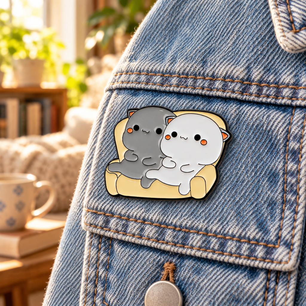 Two cats on yellow sofa enamel pin on denim jacket
