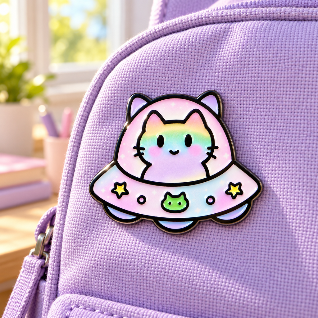 Pastel UFO kawaii cat enamel pin on lavender canvas backpack