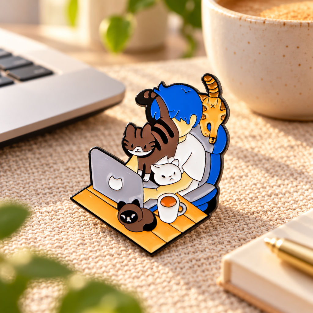 Working with Cats enamel pin on a cozy home-office desk