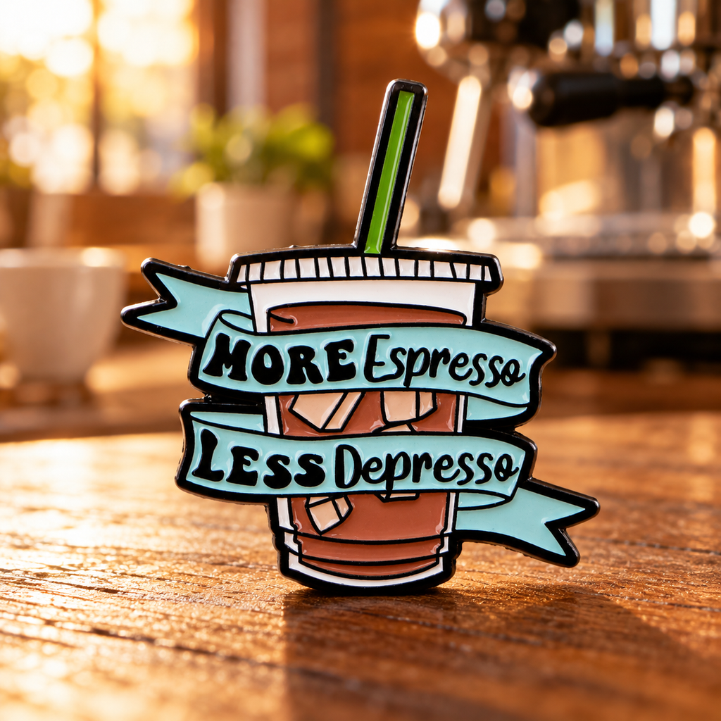 More Espresso Less Depresso Pin on café table