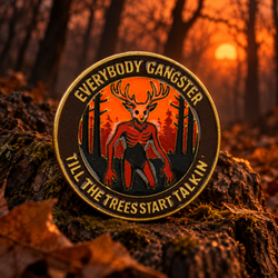 "Everybody Gangster Till The Trees Start Talkin" Horror Pin enamel pin on a themed background