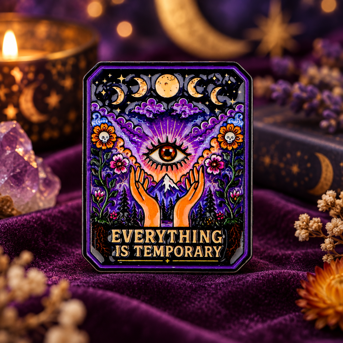 Everything Is Temporary Tarot Pin on a themed background