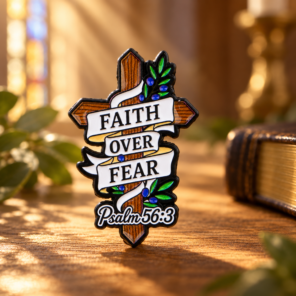 Faith Over Fear Cross Pin in a warm chapel-inspired setting