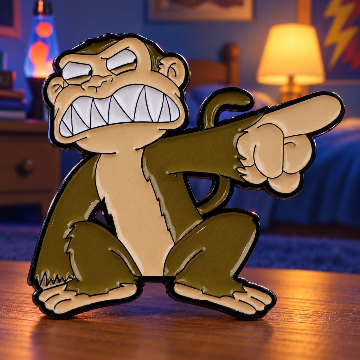 Family Guy Evil Monkey enamel pin in a warmly lit room