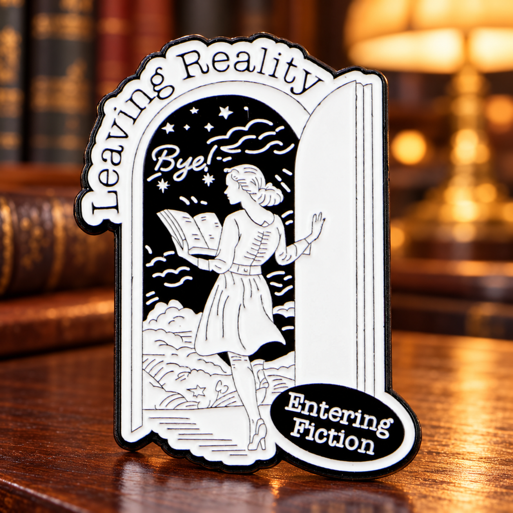 Fiction Book Pin displayed on a warm library desk