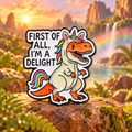 First of All I'm a Delight dinosaur enamel pin in a whimsical prehistoric landscape