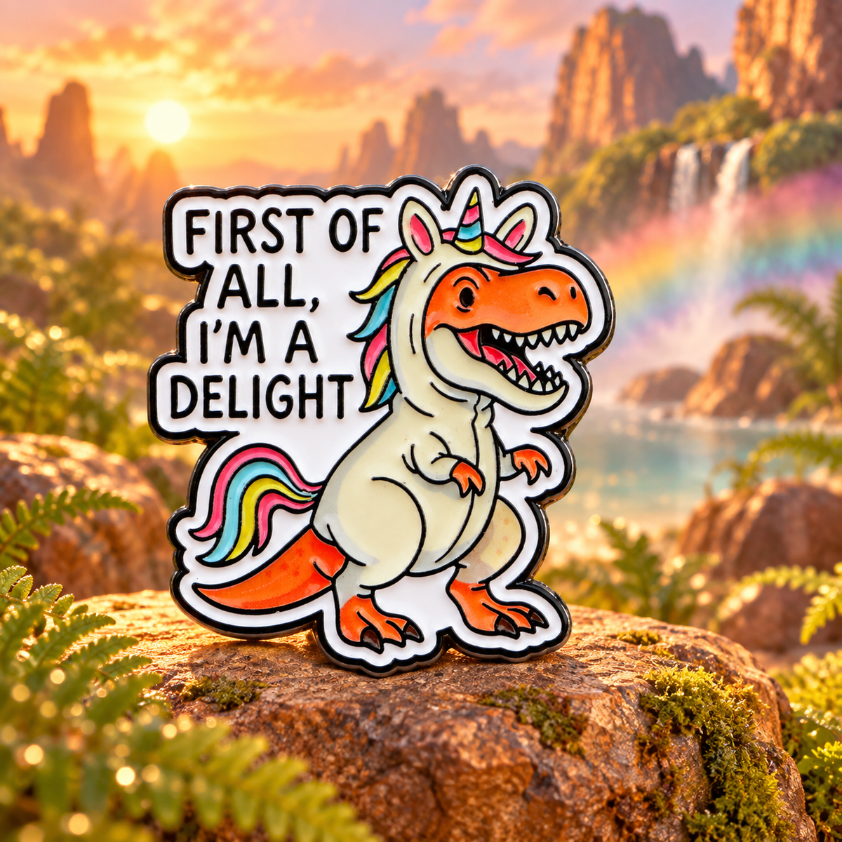 First of All I'm a Delight dinosaur enamel pin in a whimsical prehistoric landscape