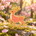 Pink Floral Deer enamel pin in a spring woodland with cherry blossoms