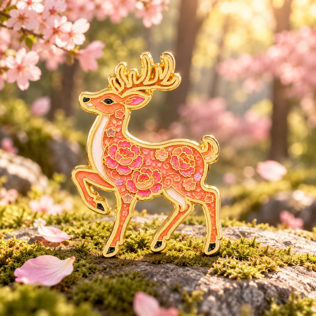 Pink Floral Deer enamel pin in a spring woodland with cherry blossoms