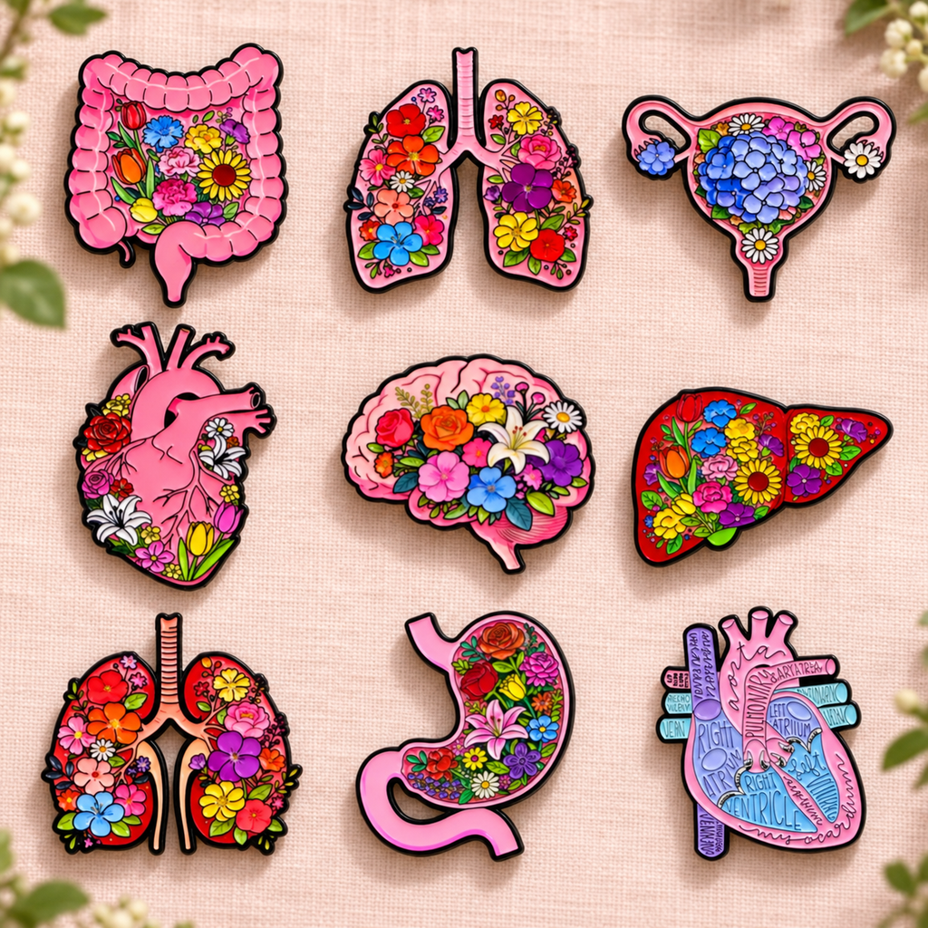 Nine floral anatomy enamel pins on blush linen