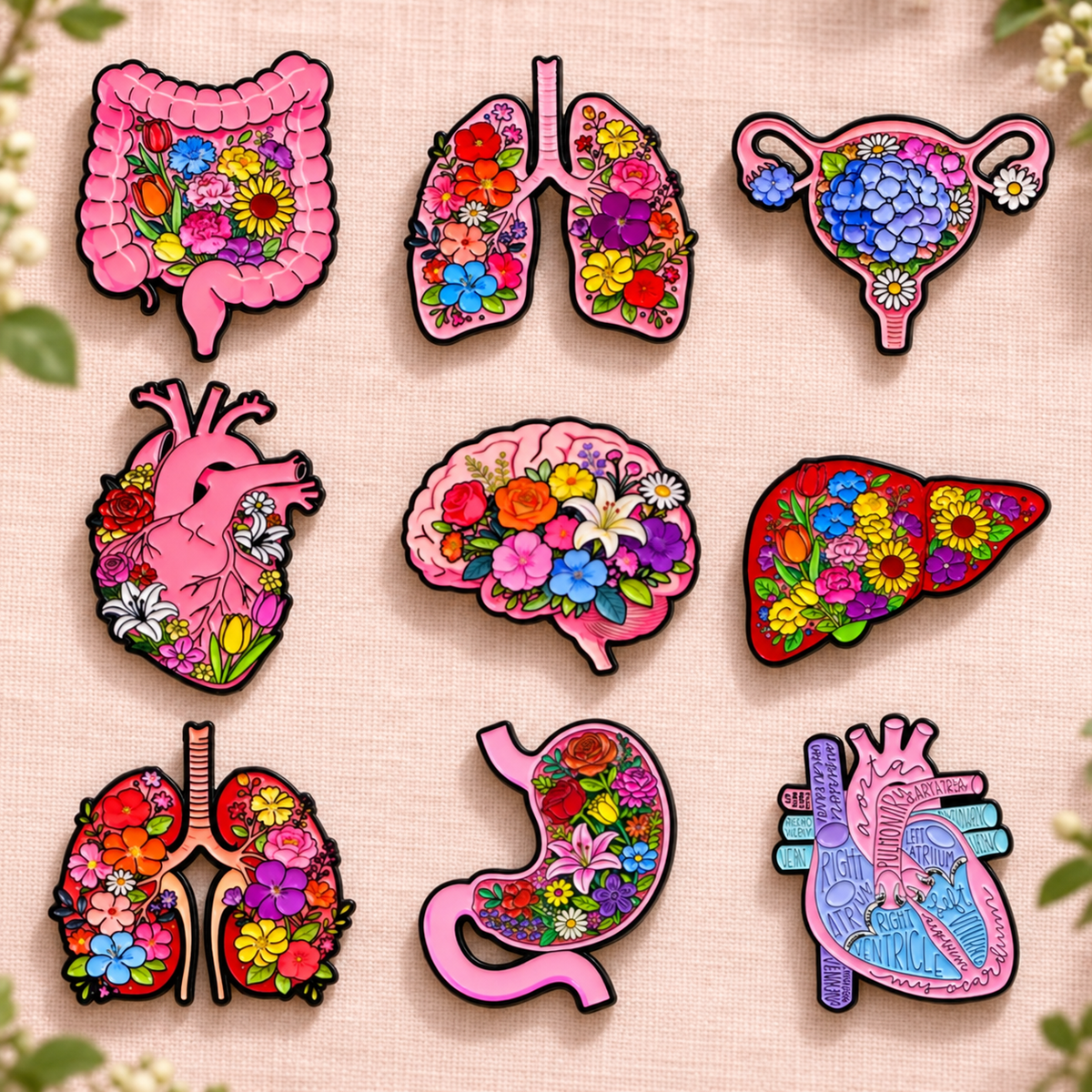 Nine floral anatomy enamel pins on blush linen