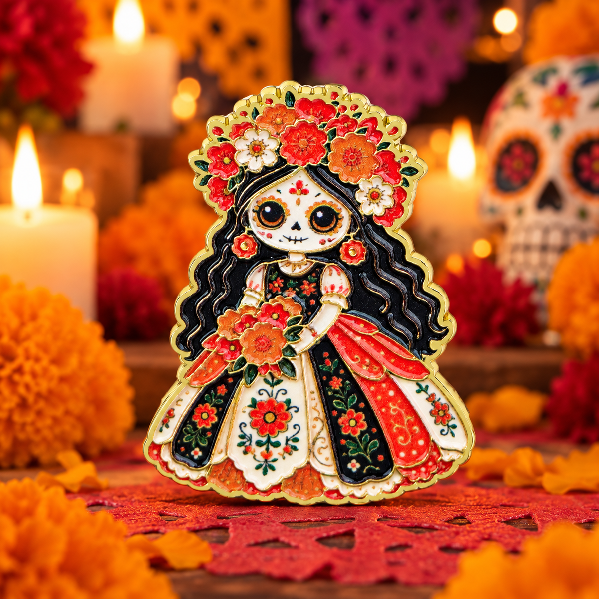 Floral Sugar Skull Girl Pin on a themed spooky background