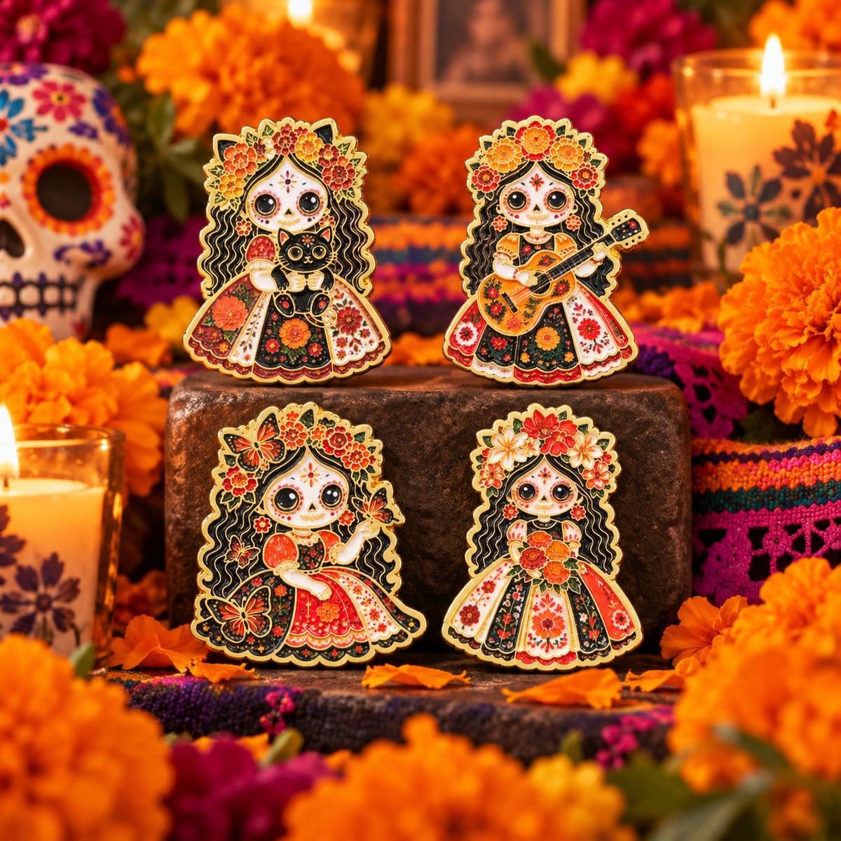 Floral Sugar Skull Girl Pins enamel pin on a themed background