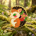 Floral Woodland Hedgehog Pin in a sunlit forest clearing