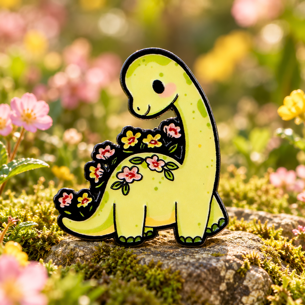 Flower garden dinosaur enamel pin in a spring garden
