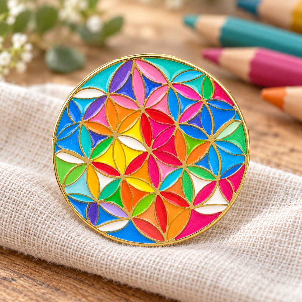 Flower of Life enamel pin on linen with art pencils