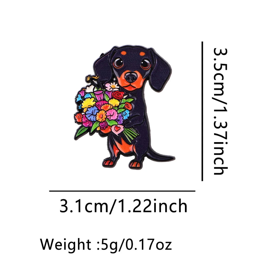 Flowers Enamel Pin Cute Dachshund Brooch Pines Lapel Pins Badge on Backpack Clothing Accessories Animal Jewelry Friends