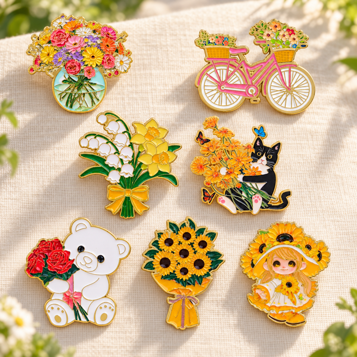 Seven floral and character enamel pins displayed on cream linen