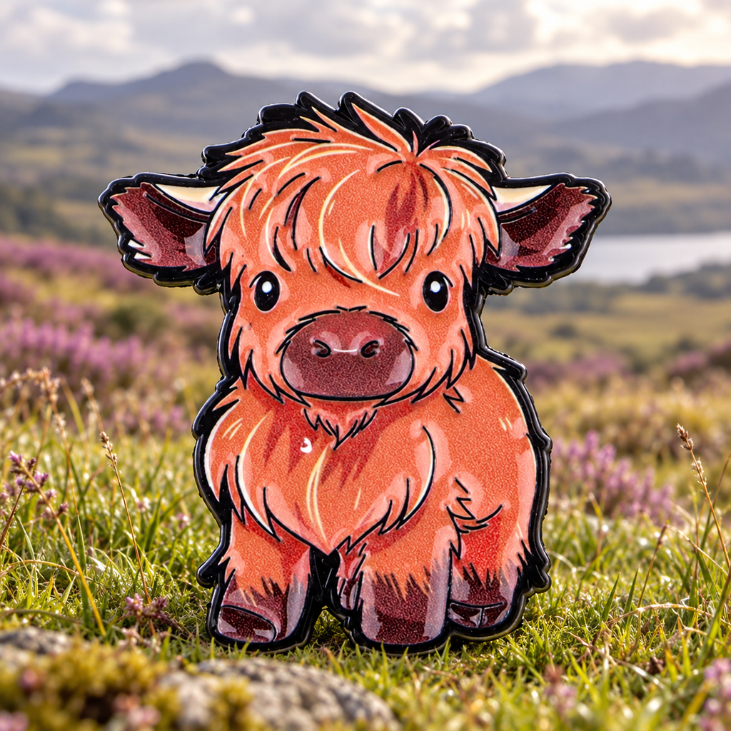 Fluffy Highland Calf enamel pin in a Highland meadow