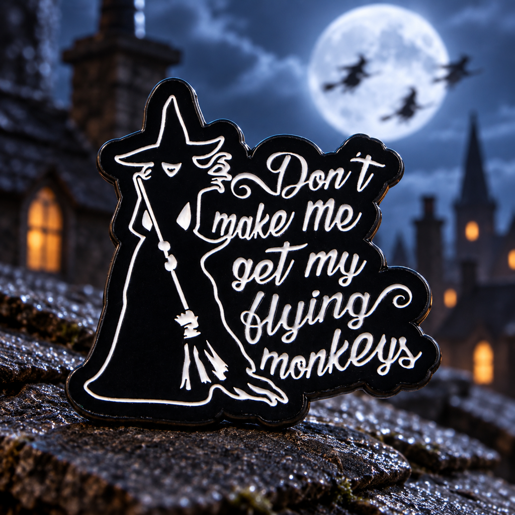 Flying Monkeys Witch Pin on a themed spooky background