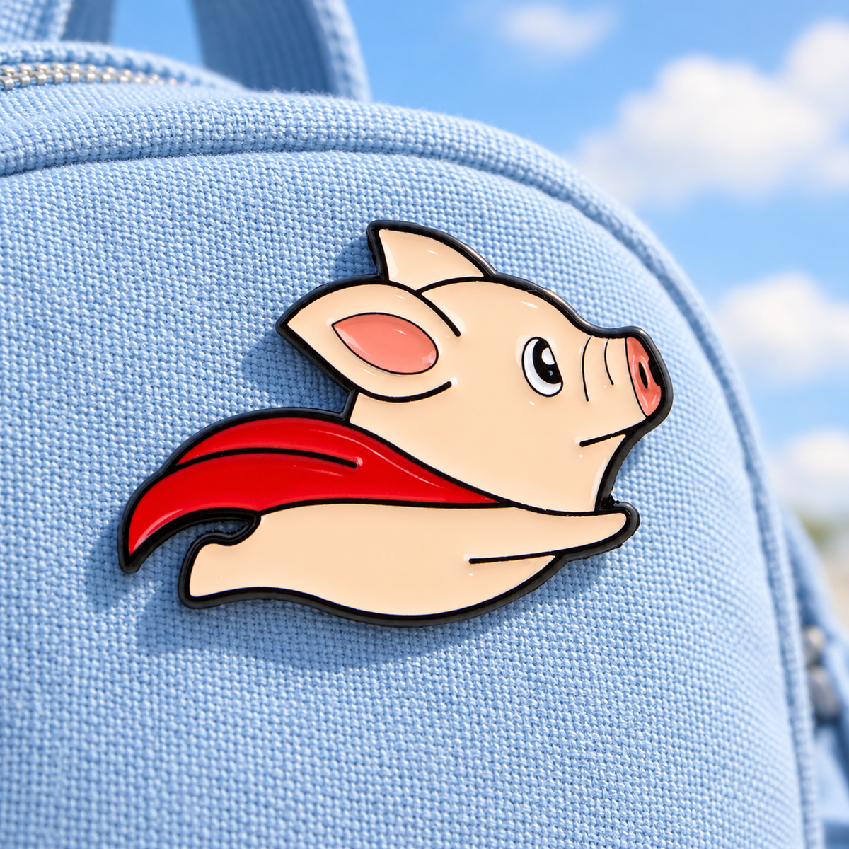 Flying pig enamel pin on a sky-blue backpack
