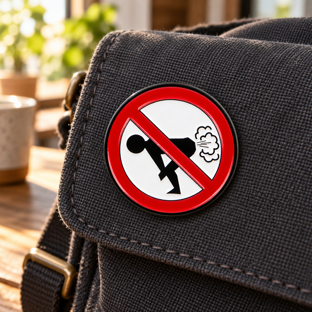 Forbidden Fart Sign enamel pin on a charcoal messenger bag