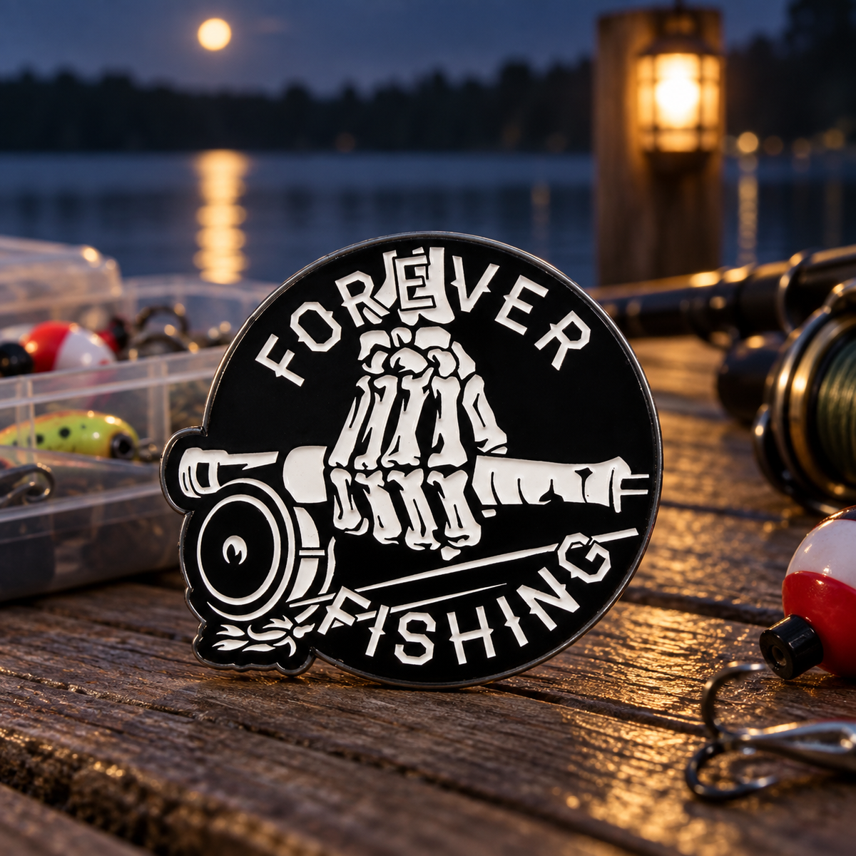 Forever Fishing Pin enamel pin on a themed background