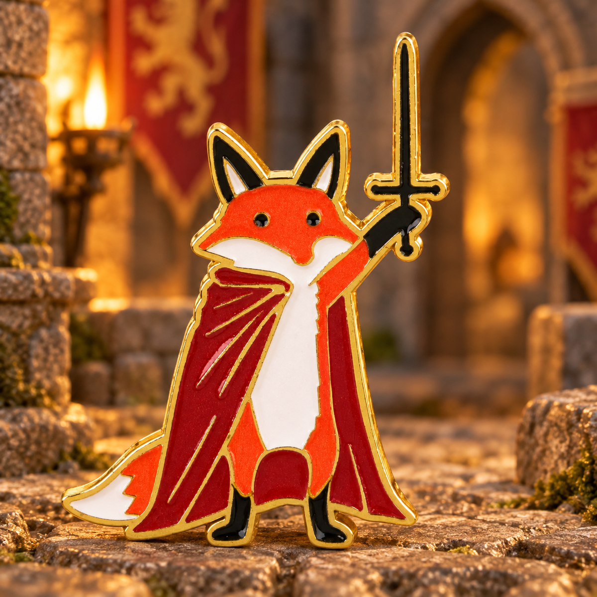 Cute Fox Knight with Sword Pin – décor de château