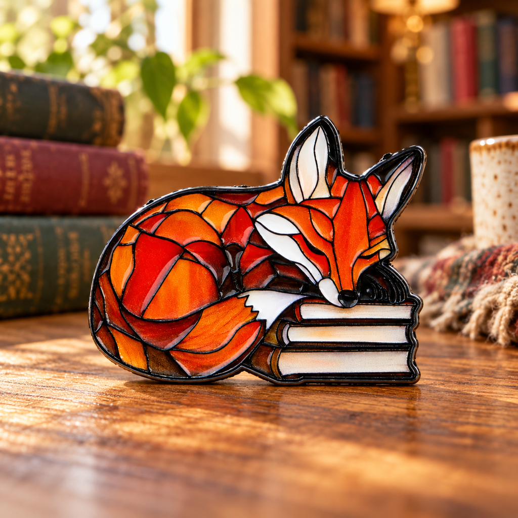 Fox sleeping on books enamel pin in a cozy bookshop