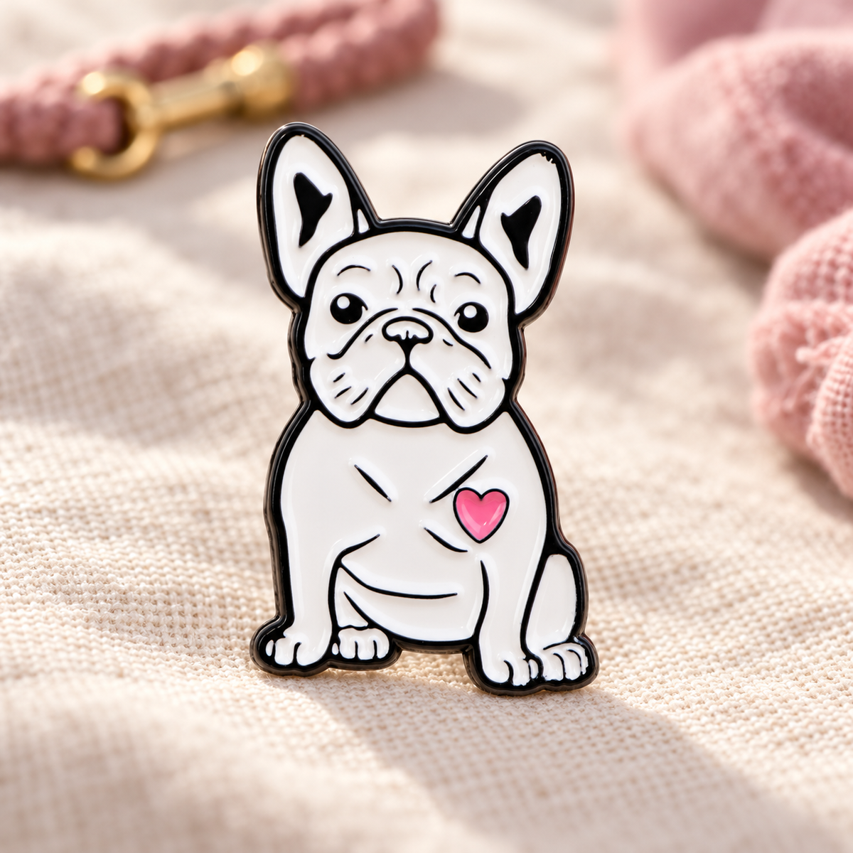 French Bulldog Lover Pin on a soft cream and pink linen background