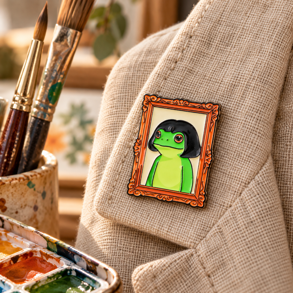 Frog oil painting enamel pin on an artist's linen jacket