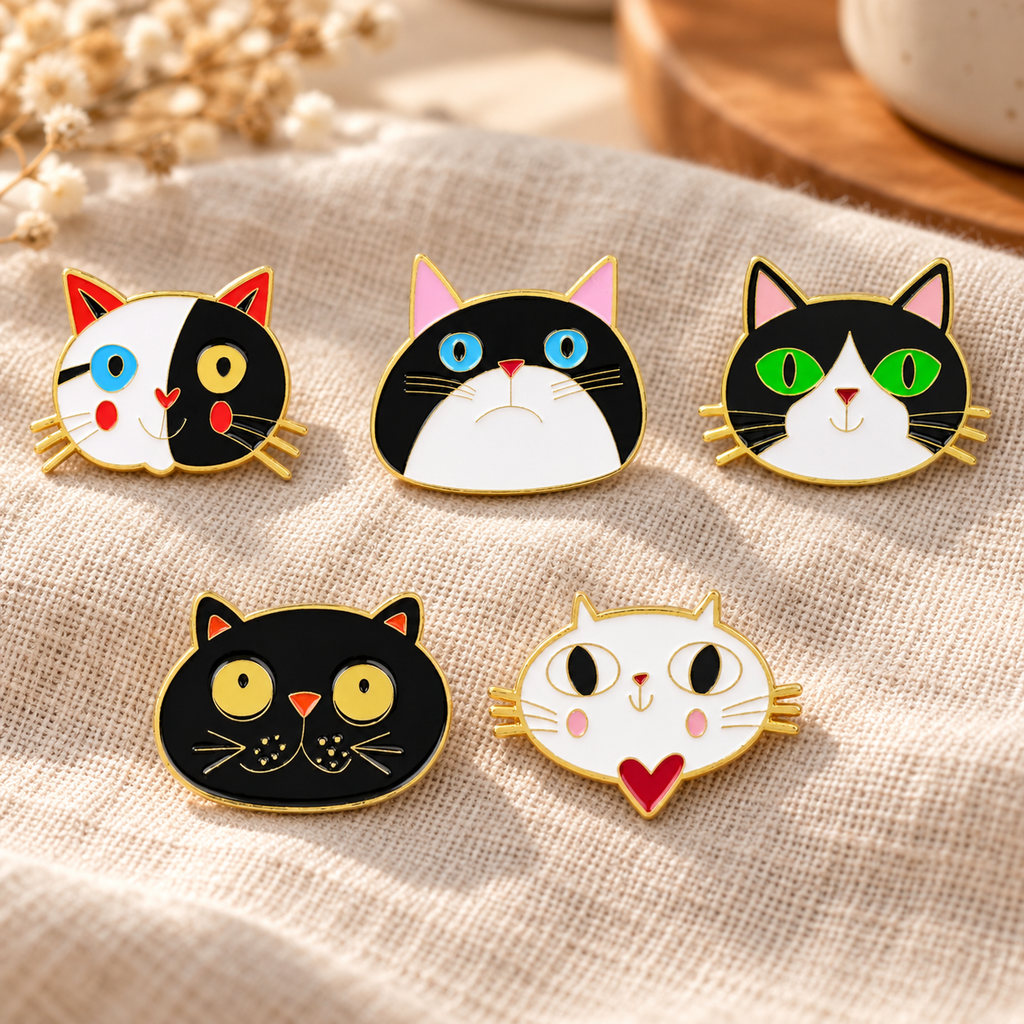 Funny Cat's Head Pin collection on soft linen