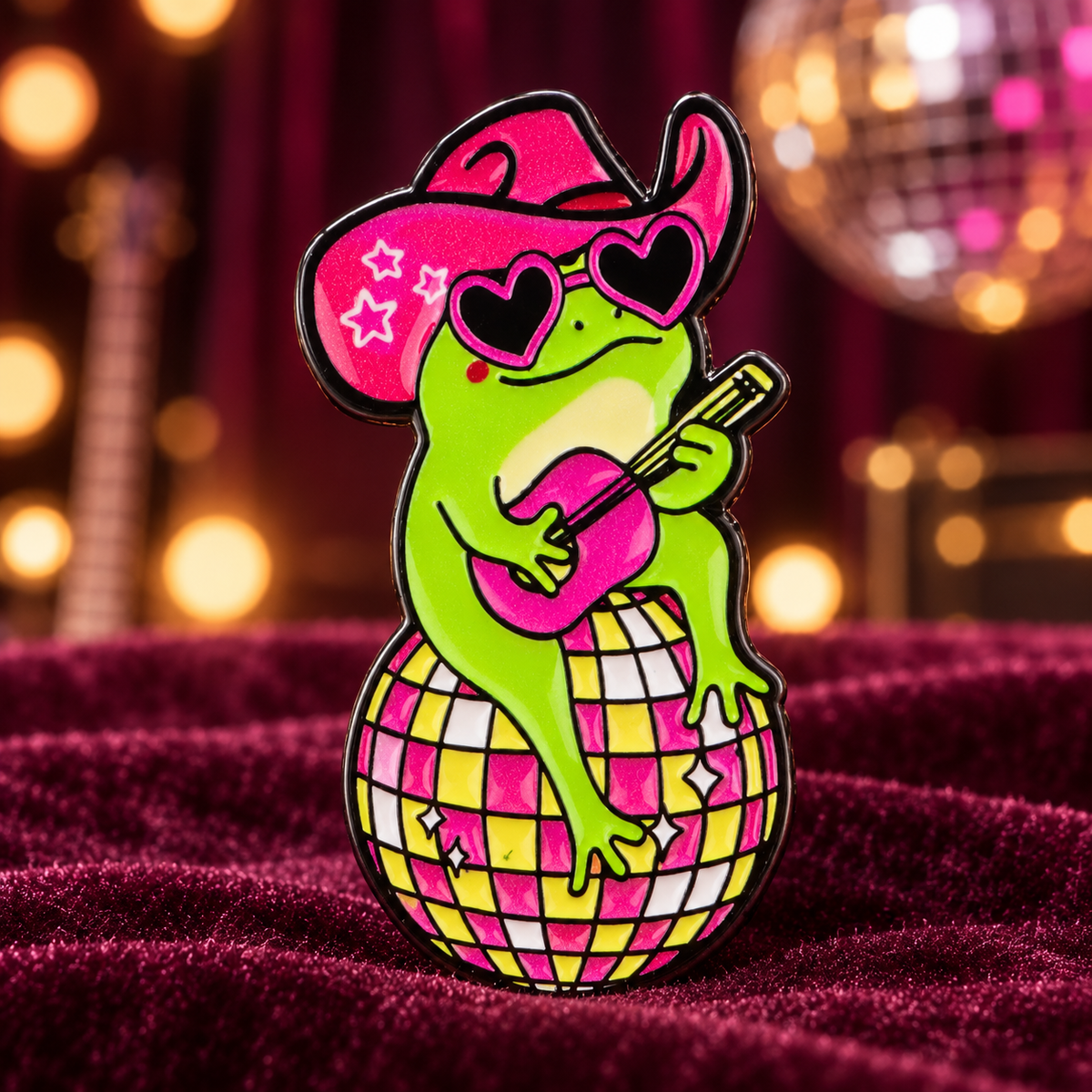 Funny Country Singer Frog Pin on a warm stage backdrop