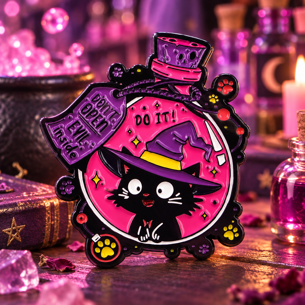 Funny Witch Cat Potion Pin on a themed spooky background