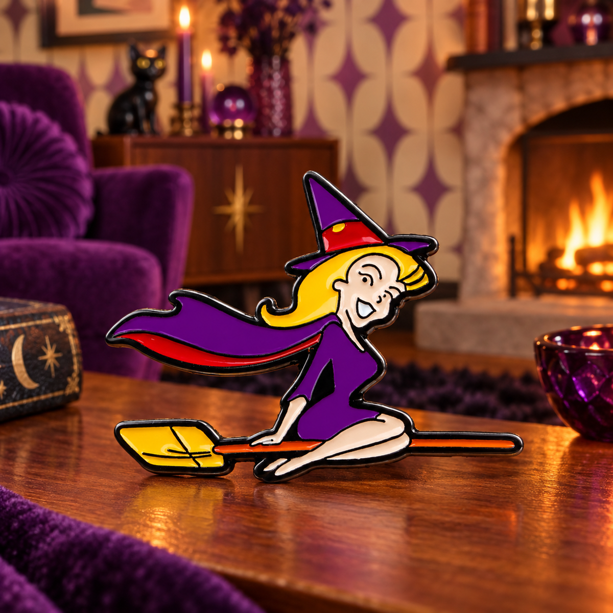 Bewitched Samantha Pin enamel pin on a themed background