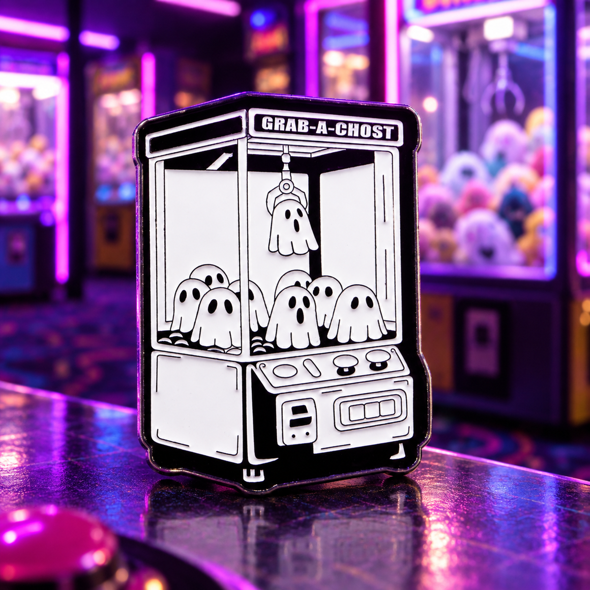 Ghost Claw Machine Pin on a themed spooky background