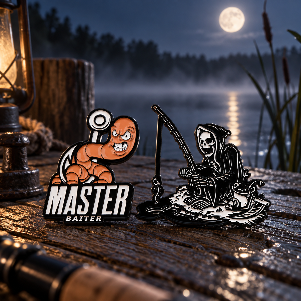 Ghost Skeleton Death Fishing Pin enamel pin on a themed background