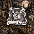 Girl Will Be Girls Witch Pin enamel pin on a themed background