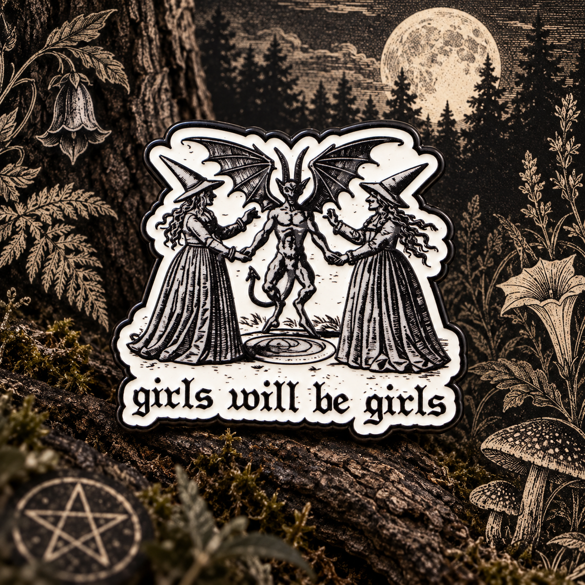 Girl Will Be Girls Witch Pin enamel pin on a themed background