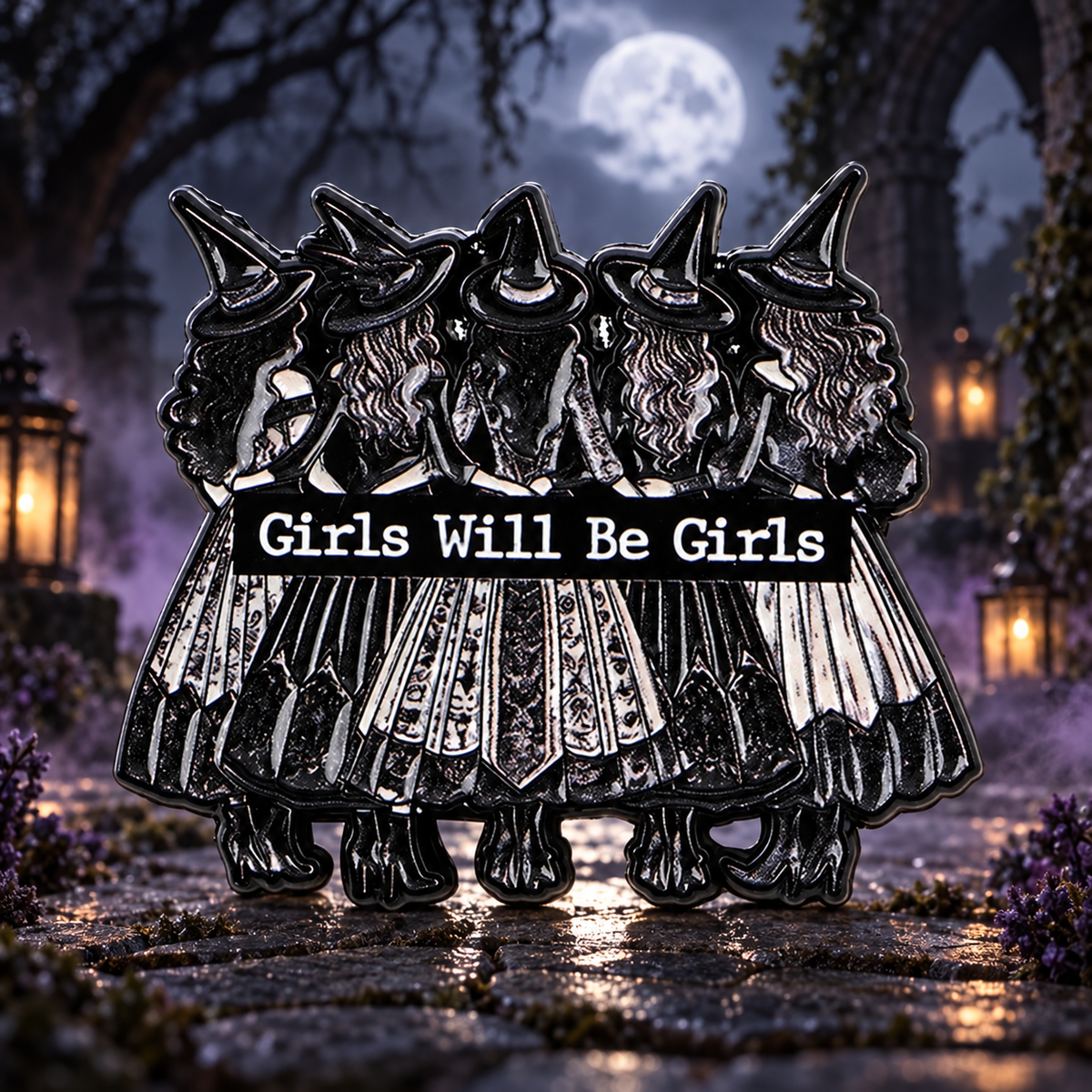 Girls Will Be Girls Witches Pin in a moonlit witch garden