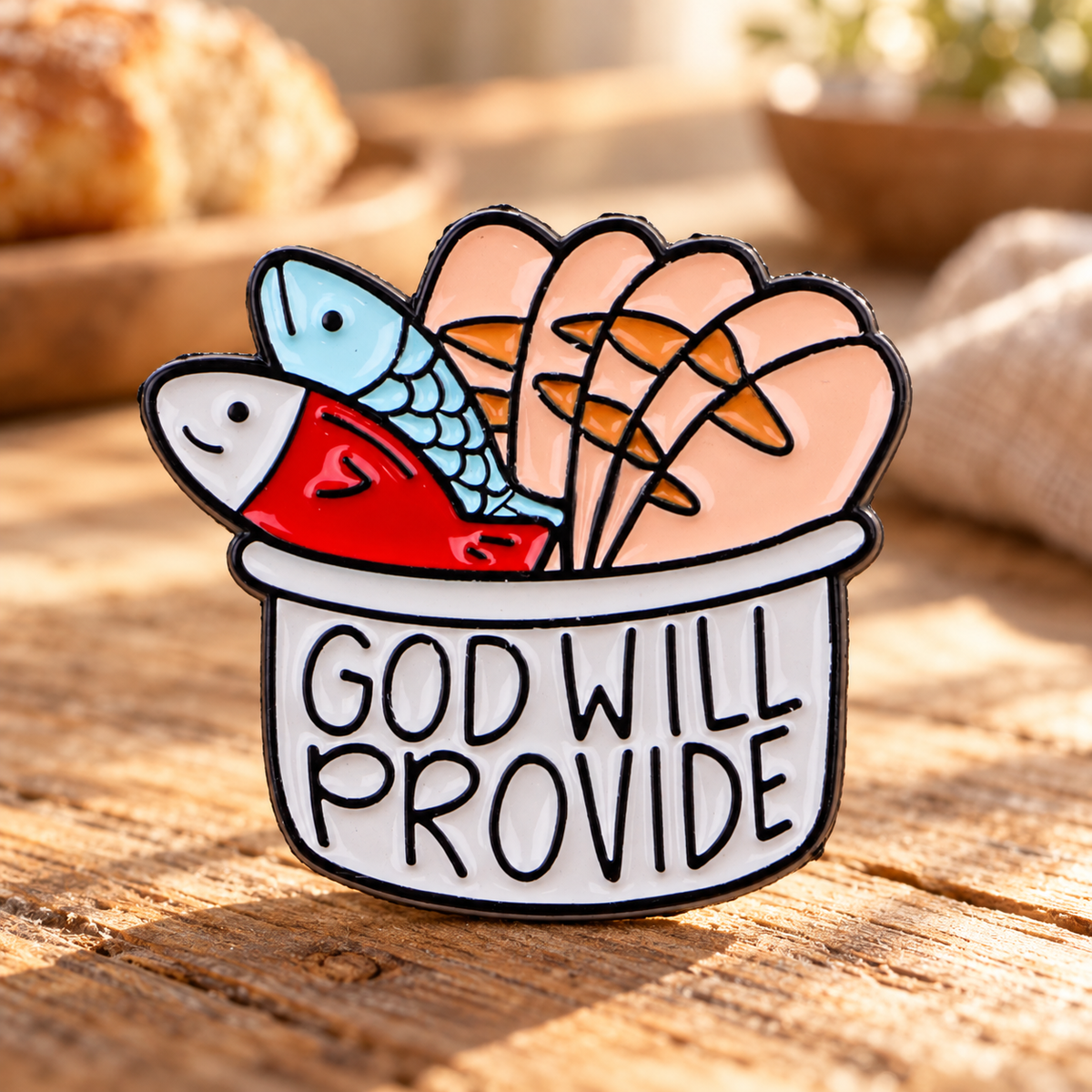 God Will Provide Bread and Fish Pin on sunlit rustic table