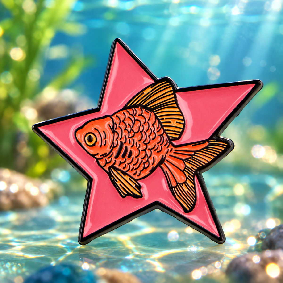Goldfish on a Pink Star enamel pin with a softly lit aquarium backdrop