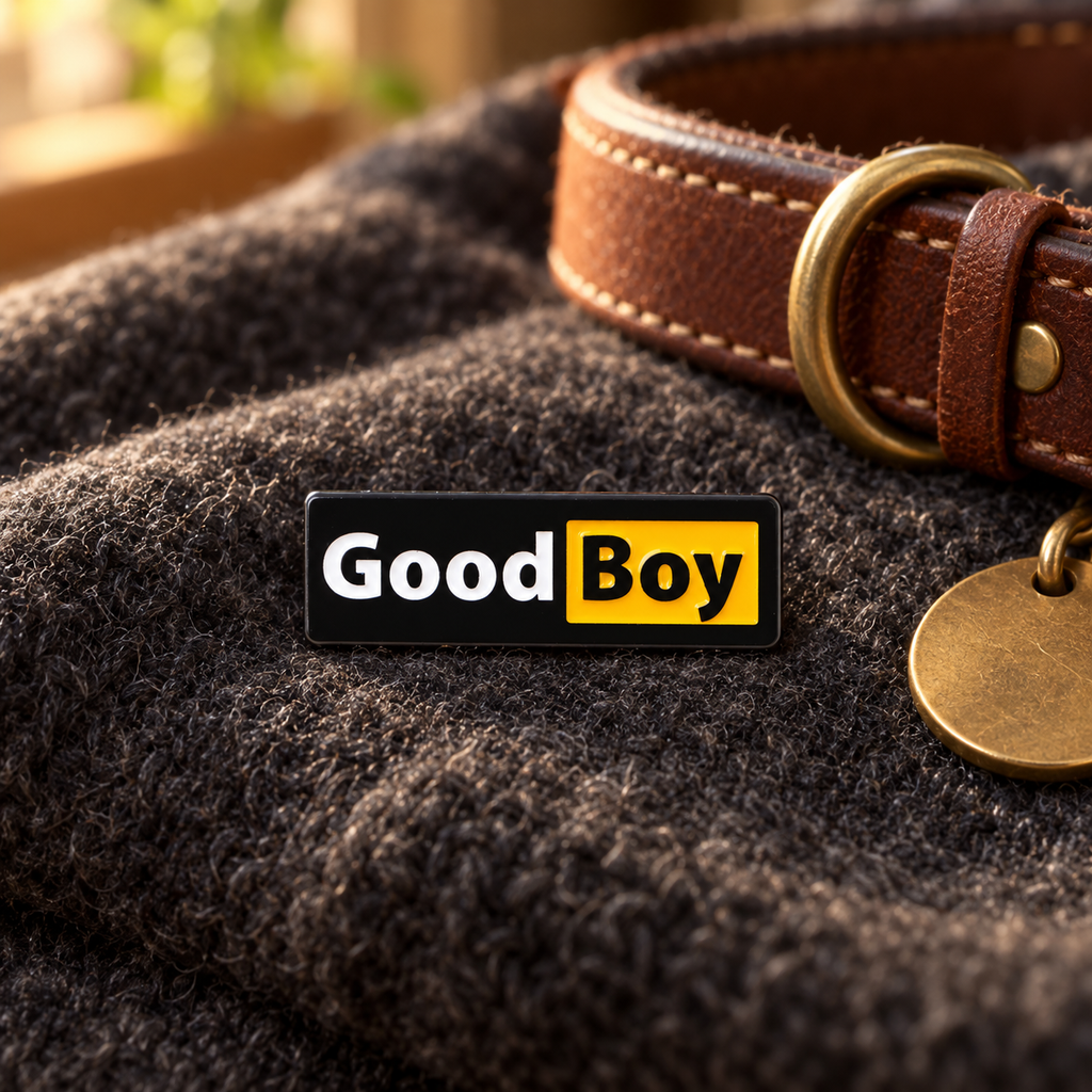 Good Boy enamel pin displayed on charcoal wool beside a brown leather dog collar