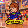 Good Guys Pin on a themed spooky background