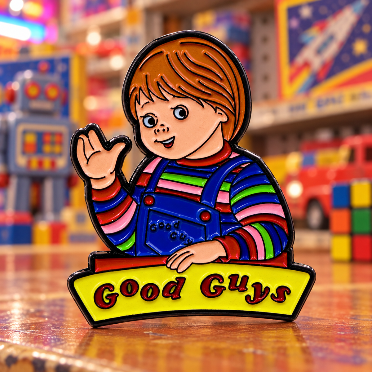 Good Guys Pin on a themed spooky background