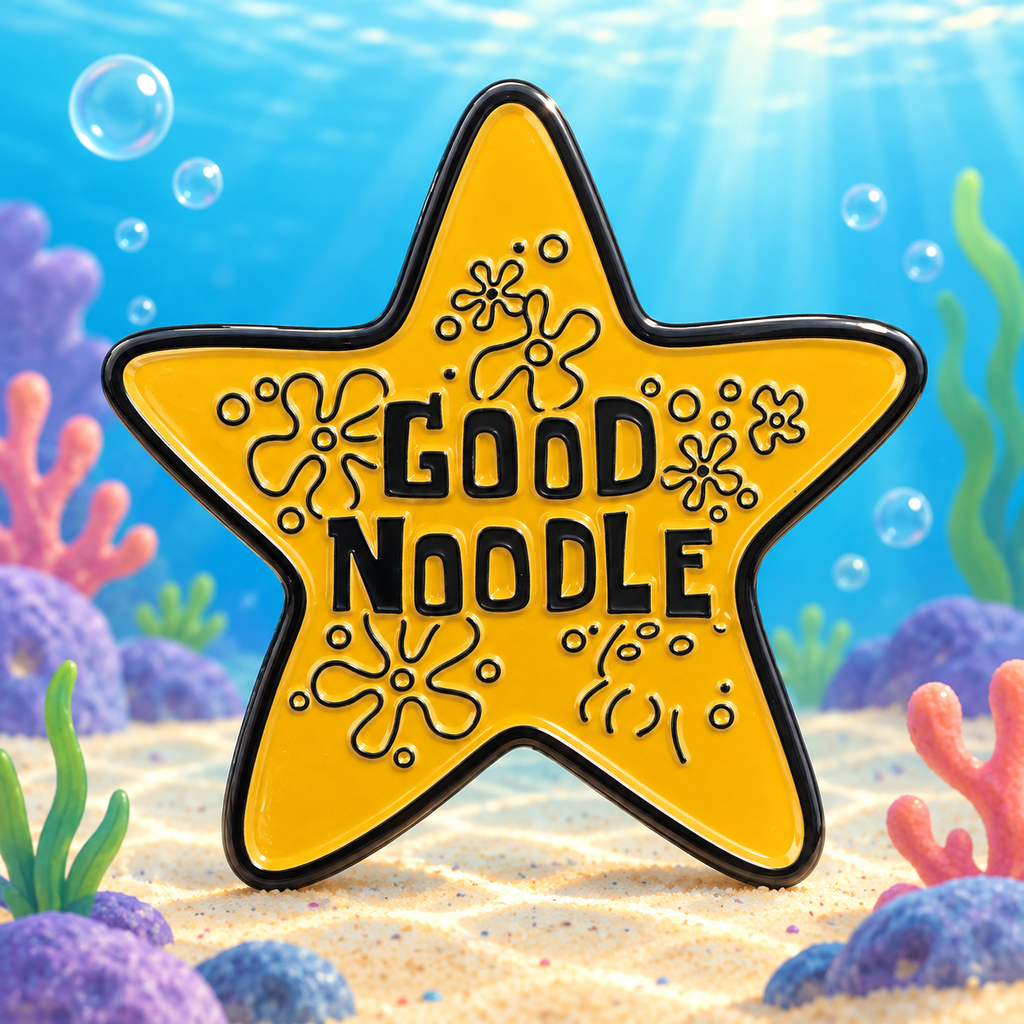Good Noodle yellow star enamel pin in a cartoon undersea scene