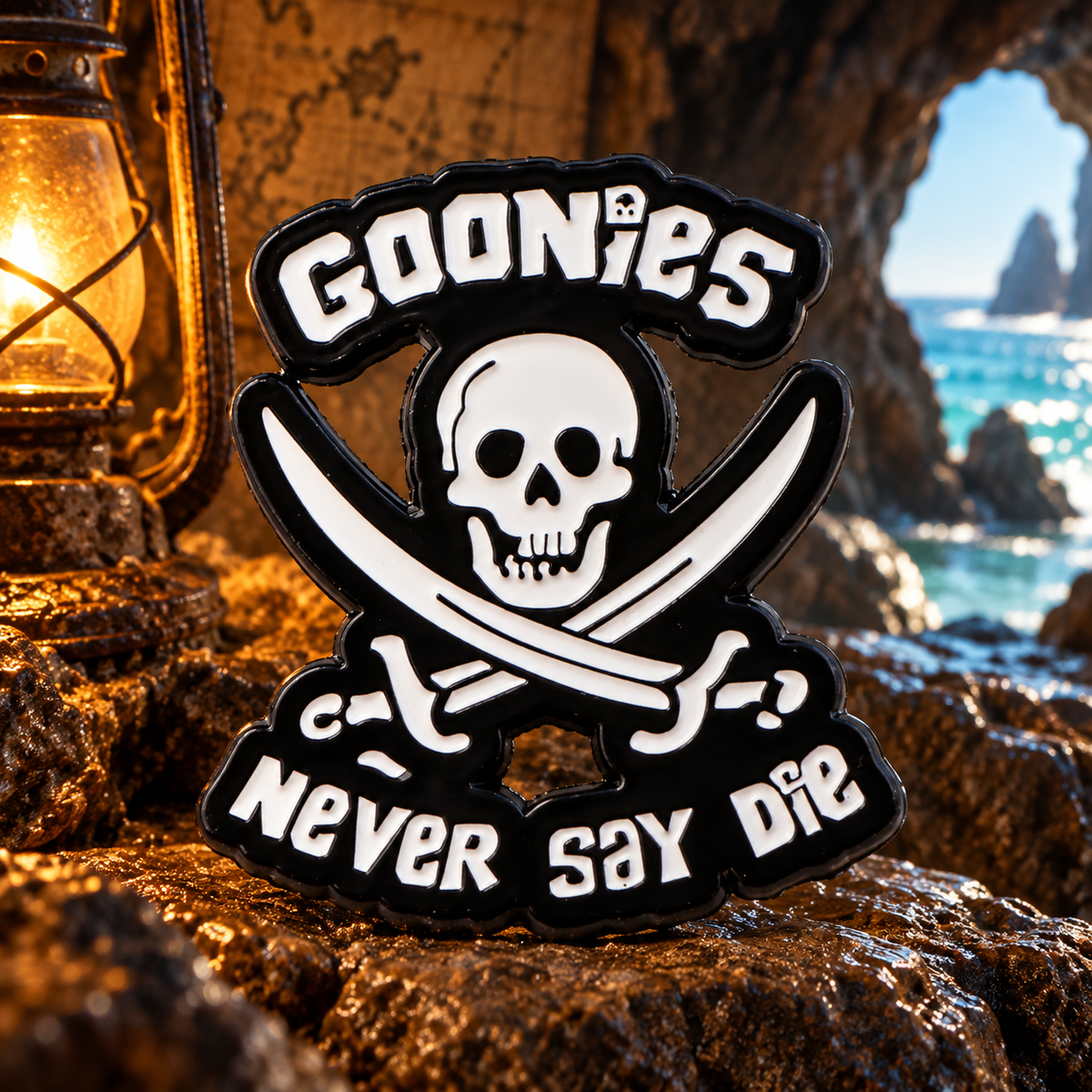 Goonies Never Say Die pin in a coastal cave